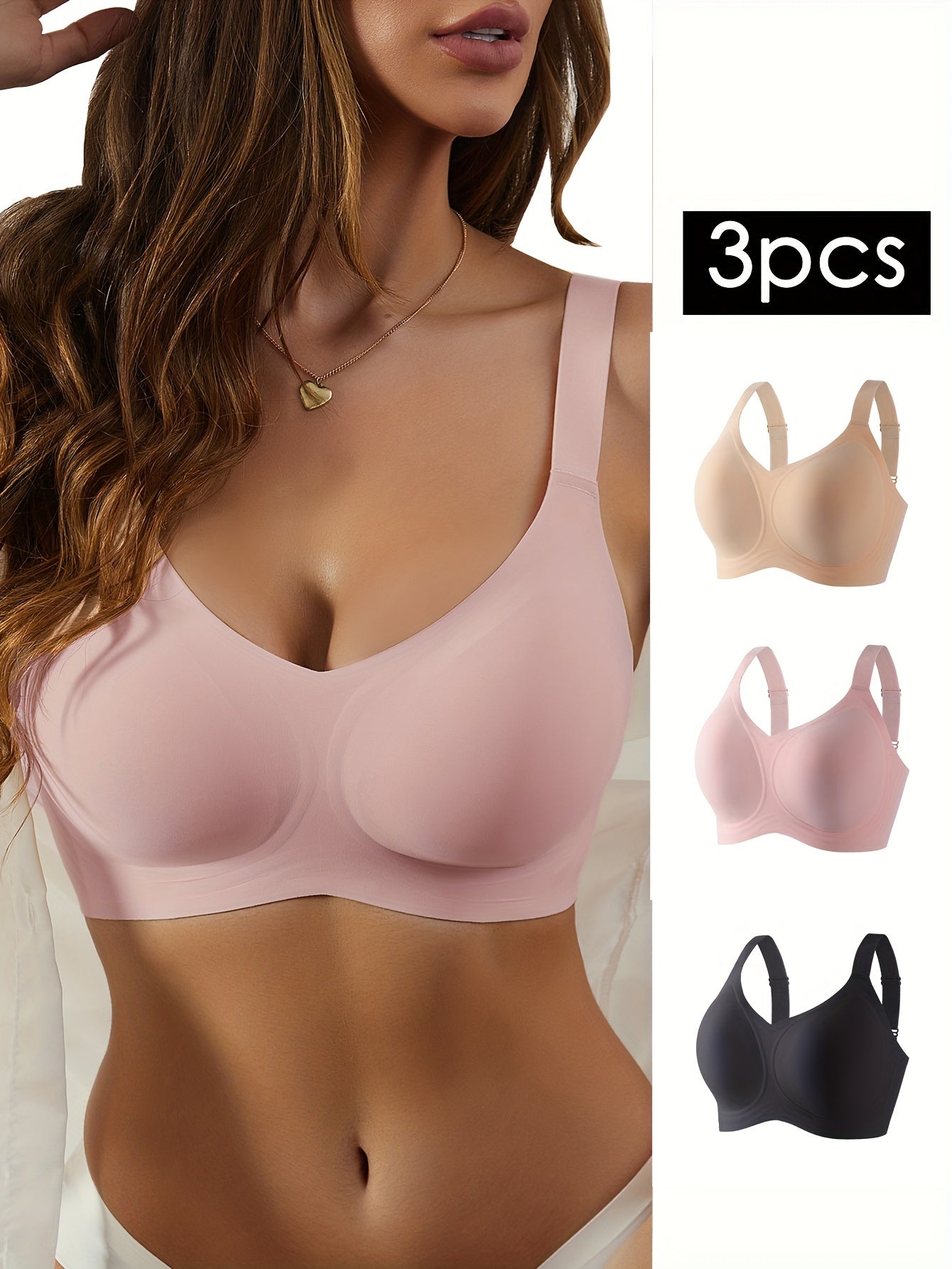 3-Pack Glam Style Seamless Wireless Bras for Women, Medium Support, Non-Removable Padding, Invisible Comfort, Solid Color, Knit Fabric, 180gsm, Nylon 55% Spandex 45% - Anti-Sagging Lift & Side Support