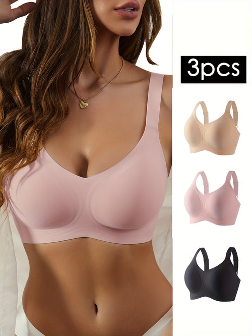 3-Pack Glam Style Seamless Wireless Bras for Women, Medium Support, Non-Removable Padding, Invisible Comfort, Solid Color, Knit Fabric, 180gsm, Nylon 55% Spandex 45% - Anti-Sagging Lift & Side Support