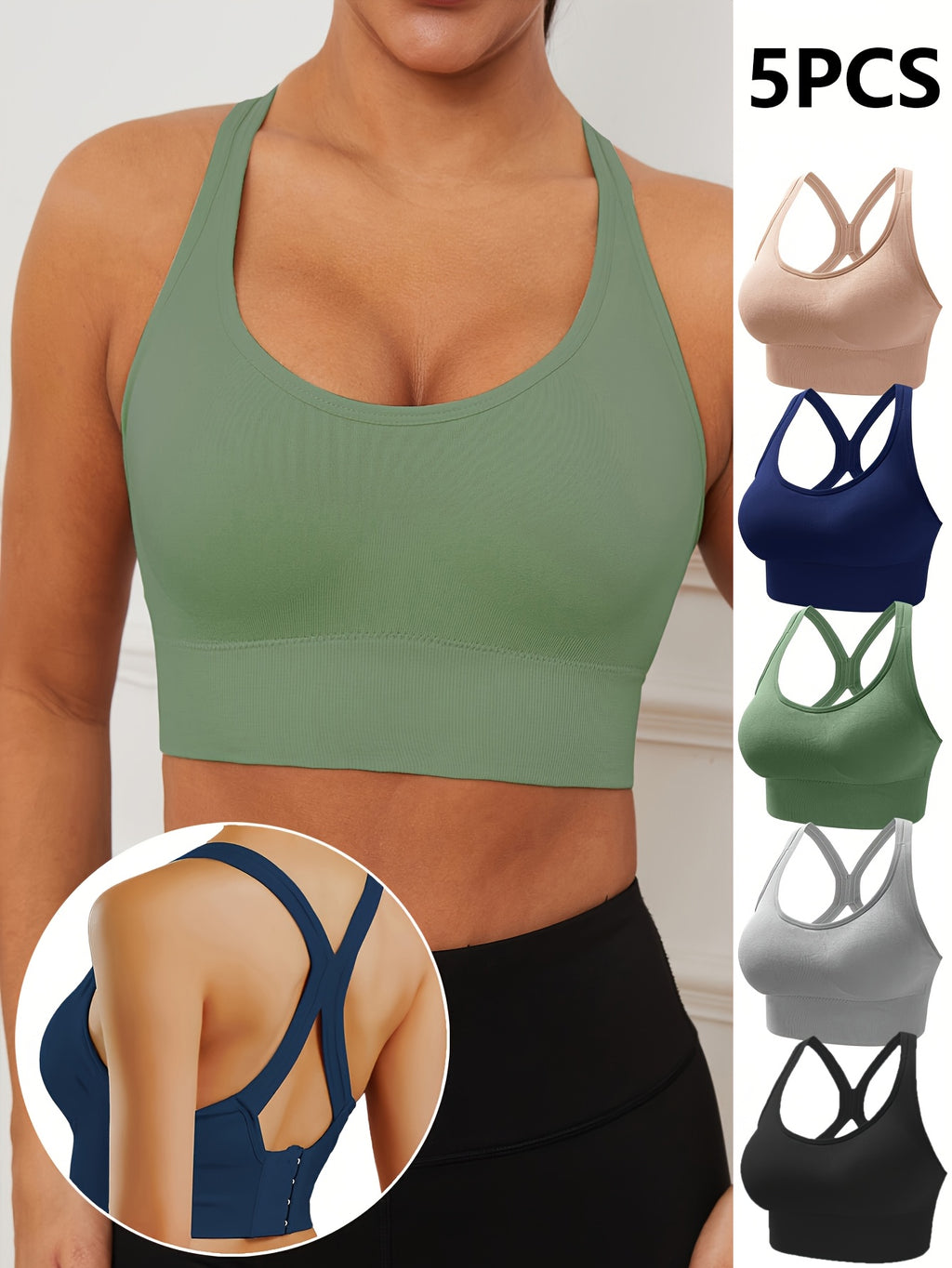 [Wireless Sports Bras] 5pcs Seamless Wireless Sports Bras | Women's Breathable Moisture-Wicking Fabric with Removable Pads, Adjustable Straps & Back Hook Closure - Gym, Yoga, Running Essentials - 5 Colors (Black, Navy, Beige, Gray, Olive Green)