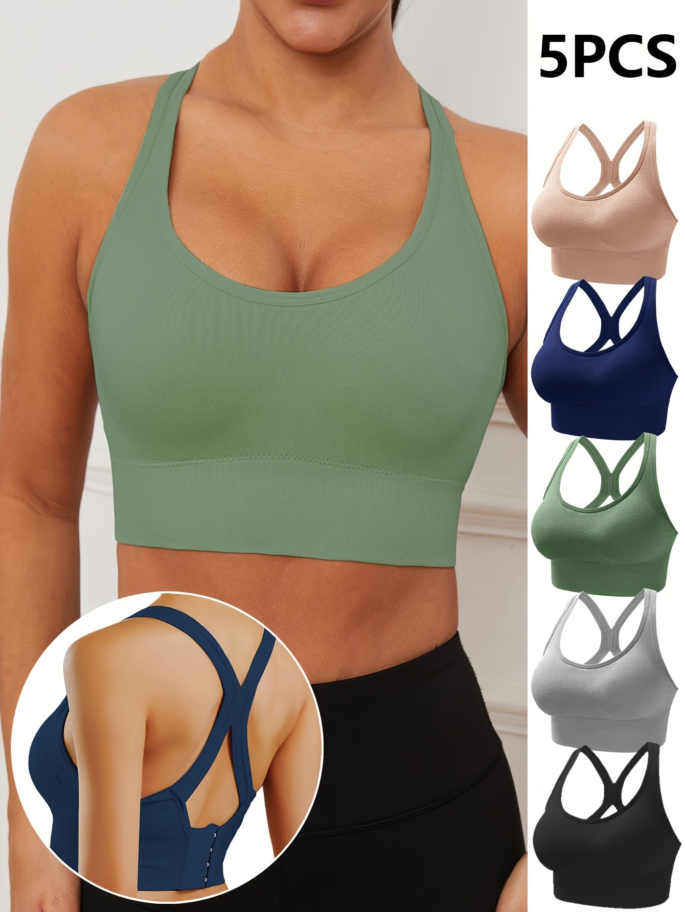 [Wireless Sports Bras] 5pcs Seamless Wireless Sports Bras | Women's Breathable Moisture-Wicking Fabric with Removable Pads, Adjustable Straps & Back Hook Closure - Gym, Yoga, Running Essentials - 5 Colors (Black, Navy, Beige, Gray, Olive Green)