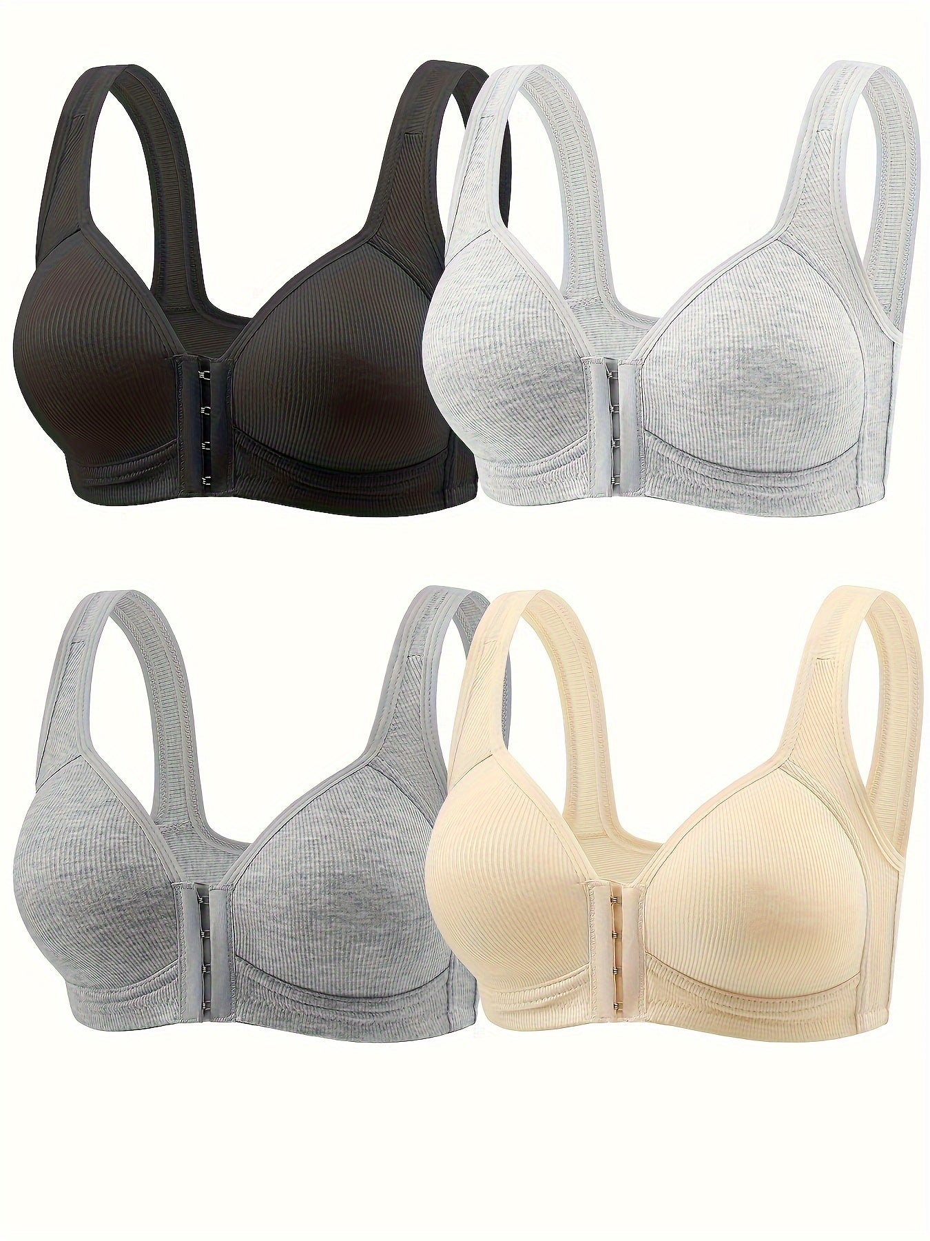 4pcs Women'S Elegant Seamless Push-Up Bras- Front Closure, Breathable Nylon, Non-Padded Comfort Fit, Beige& Black for Casual Attire& Casual Outfits, Wirefree Bras, Sleek Bra Design, Smooth Texture Finish
