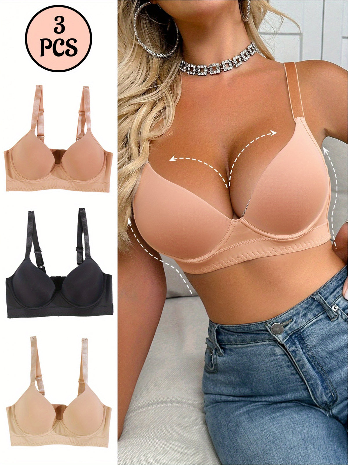 3pcs Women'S Deep V-Neck Backless Wireless Bras - No Underwire Comfort, Seamless Design, Medium Support, Soft Smooth Fabric, Elegant Special Collection, Sexy Lingerie Style, Smooth Texture for Everyday Wear