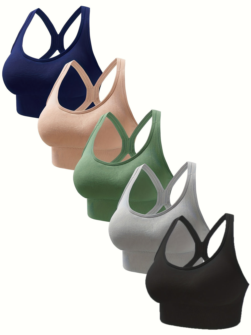 [Wireless Sports Bras] 5pcs Seamless Wireless Sports Bras | Women's Breathable Moisture-Wicking Fabric with Removable Pads, Adjustable Straps & Back Hook Closure - Gym, Yoga, Running Essentials - 5 Colors (Black, Navy, Beige, Gray, Olive Green)