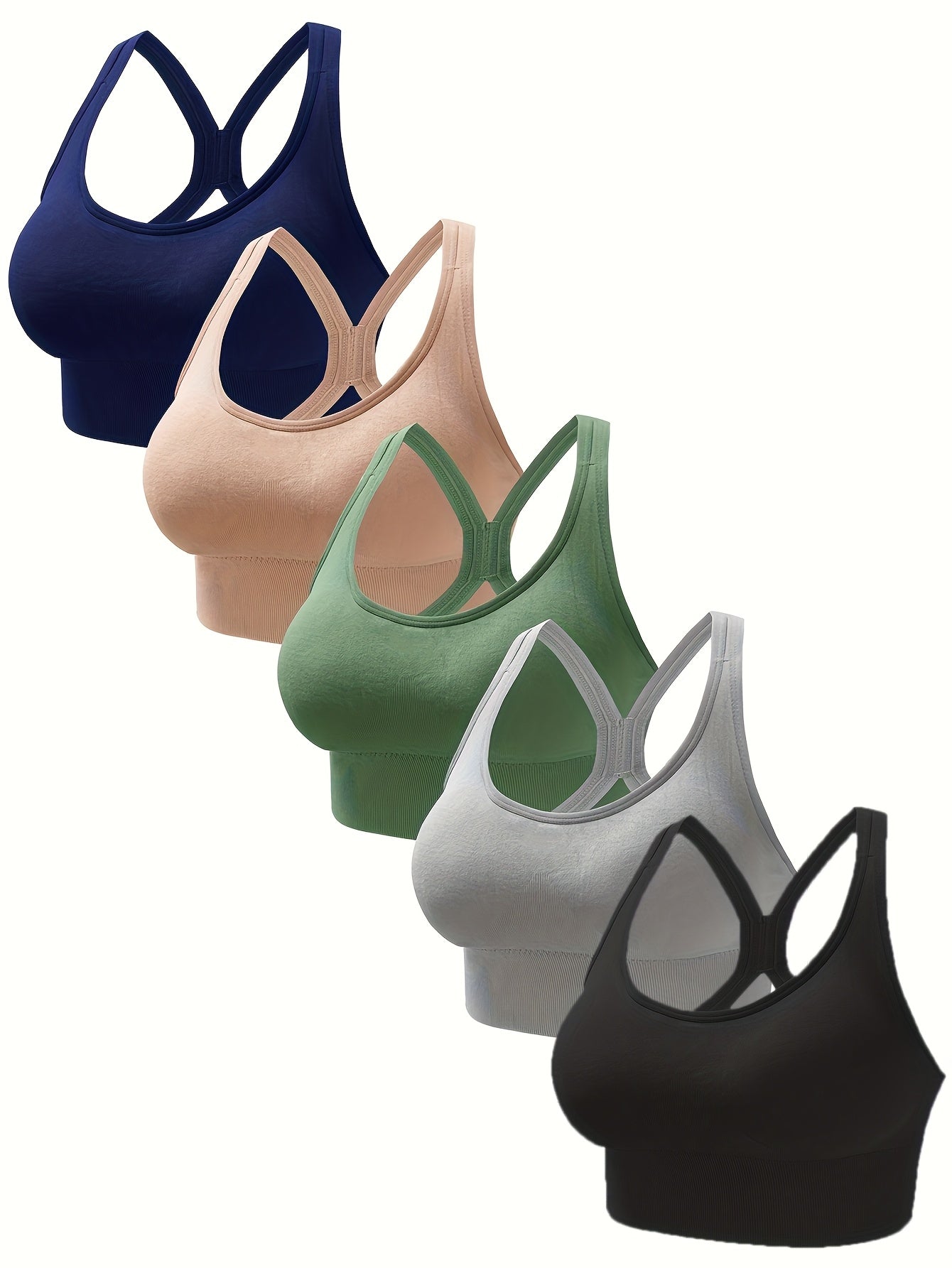 [Wireless Sports Bras] 5pcs Seamless Wireless Sports Bras | Women's Breathable Moisture-Wicking Fabric with Removable Pads, Adjustable Straps & Back Hook Closure - Gym, Yoga, Running Essentials - 5 Colors (Black, Navy, Beige, Gray, Olive Green)