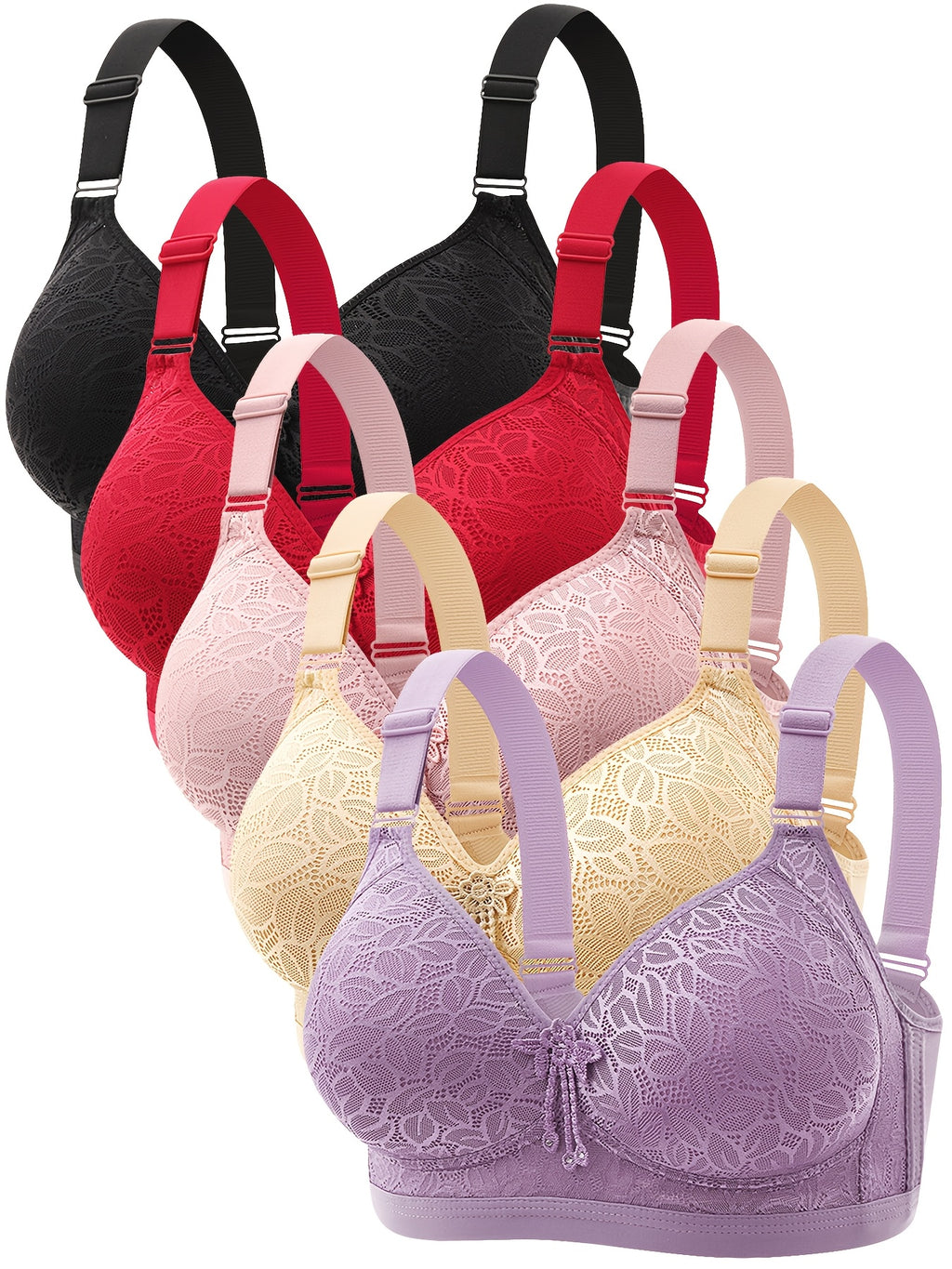 5pcs EssElegance Wireless Push-Up Bras - No Underwire, High Stretch V-Neck Adjustable Straps, Nylon Seamless Comfort for Workouts & Daily Wear, 5 Colors (Black/Red/Beige/Pink/Lavender), Workout Bras, Elegant Bra Design, Smooth Texture Bra