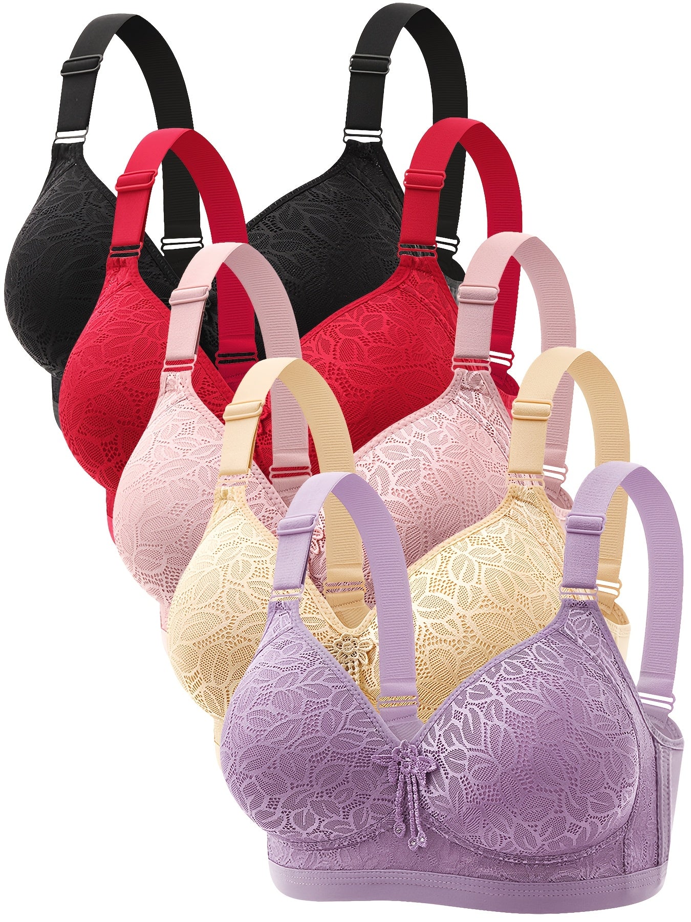 5pcs EssElegance Wireless Push-Up Bras - No Underwire, High Stretch V-Neck Adjustable Straps, Nylon Seamless Comfort for Workouts & Daily Wear, 5 Colors (Black/Red/Beige/Pink/Lavender), Workout Bras, Elegant Bra Design, Smooth Texture Bra