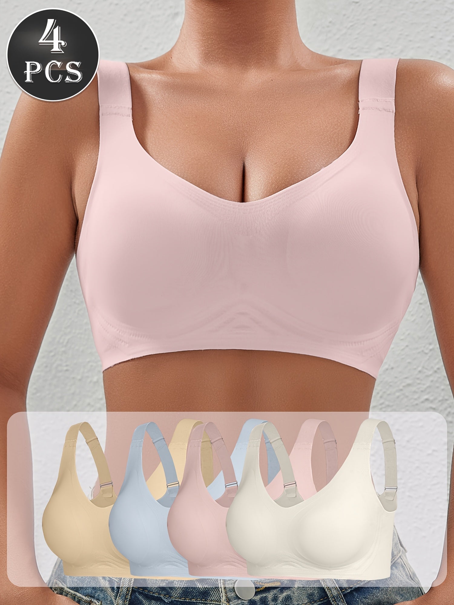 4pcs EssElegance Push-Up Seamless Bra - Adjustable Straps & Wire-Free Support for Daily Wear, Ultra-Soft Breathable Fabric