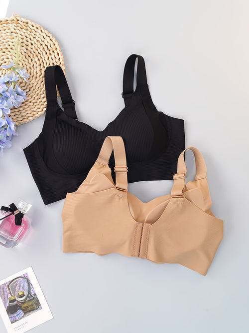 2/3pcs Elegant Seamless Push-Up Solid-Color Bras - Wide Straps And Built-in Bras, Comfortable, Breathable & Wire-Free Support Nylon Fabric, Unpadded Ribbed Texture Design - Ideal Women's Lingerie for Daily Casual Wear And Dates, Seamless Bras for Women,