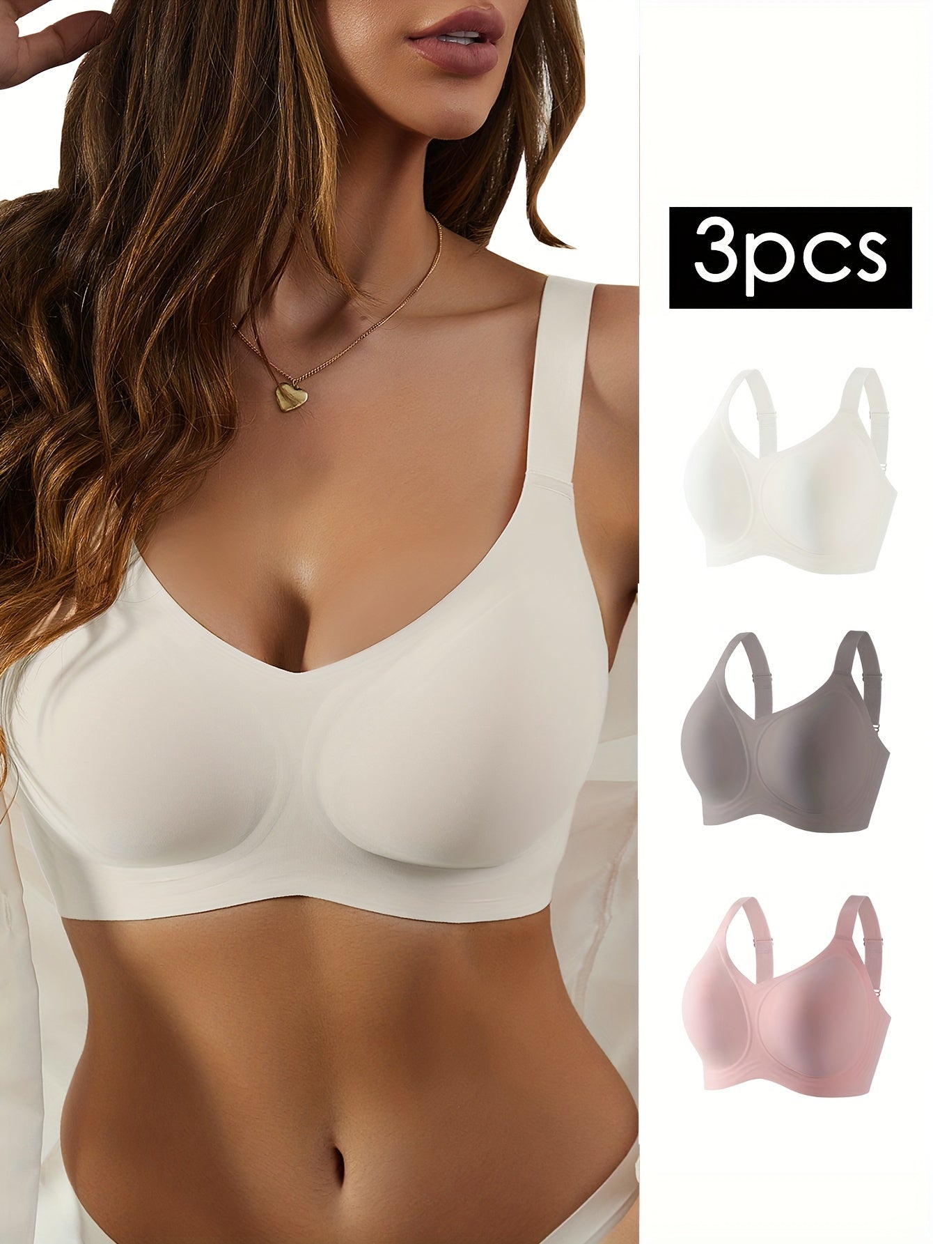 3-Pack Glam Style Seamless Wireless Bras for Women, Medium Support, Non-Removable Padding, Invisible Comfort, Solid Color, Knit Fabric, 180gsm, Nylon 55% Spandex 45% - Anti-Sagging Lift & Side Support