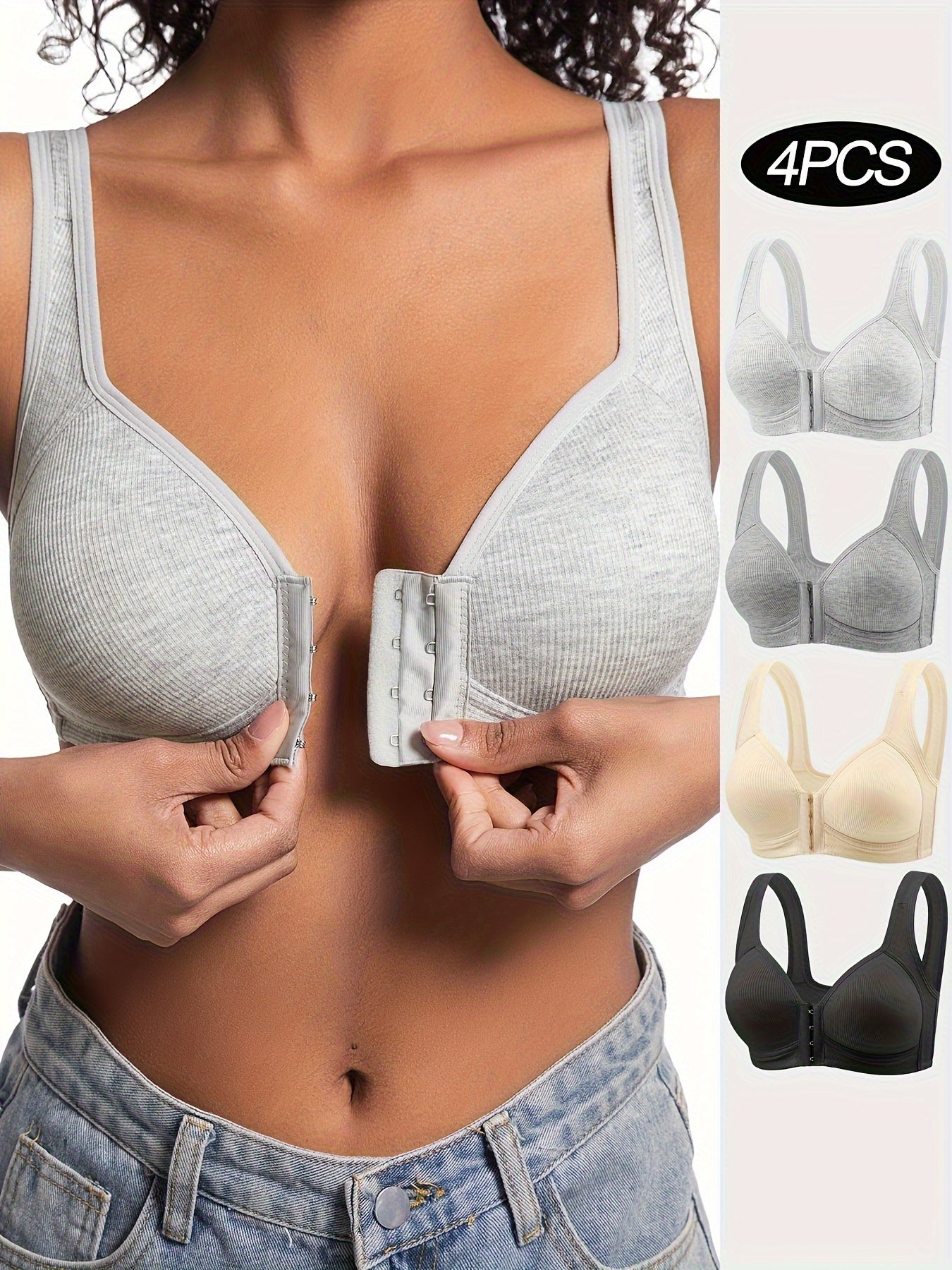 4pcs Women'S Elegant Seamless Push-Up Bras- Front Closure, Breathable Nylon, Non-Padded Comfort Fit, Beige& Black for Casual Attire& Casual Outfits, Wirefree Bras, Sleek Bra Design, Smooth Texture Finish