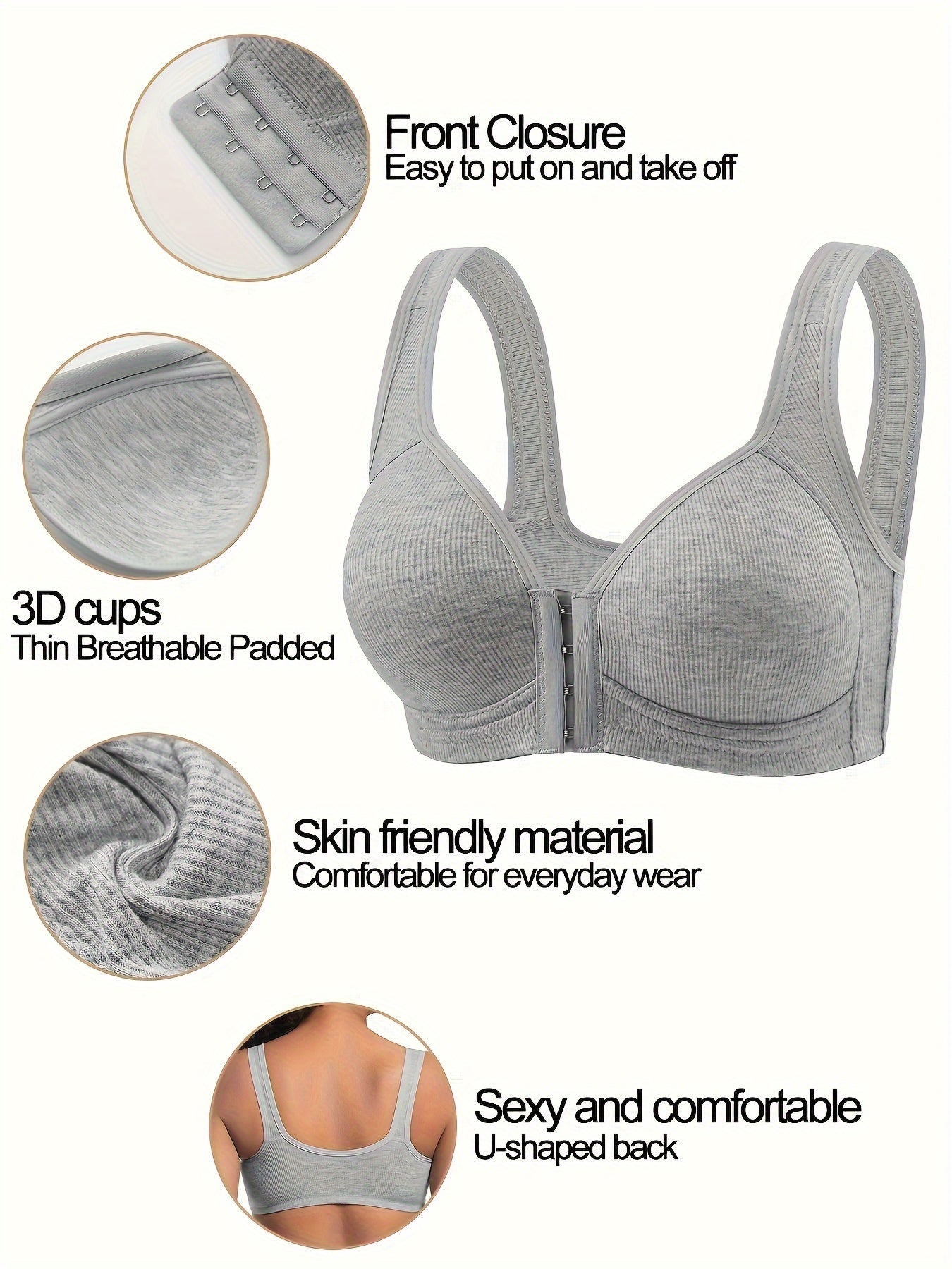 4pcs Women'S Elegant Seamless Push-Up Bras- Front Closure, Breathable Nylon, Non-Padded Comfort Fit, Beige& Black for Casual Attire& Casual Outfits, Wirefree Bras, Sleek Bra Design, Smooth Texture Finish