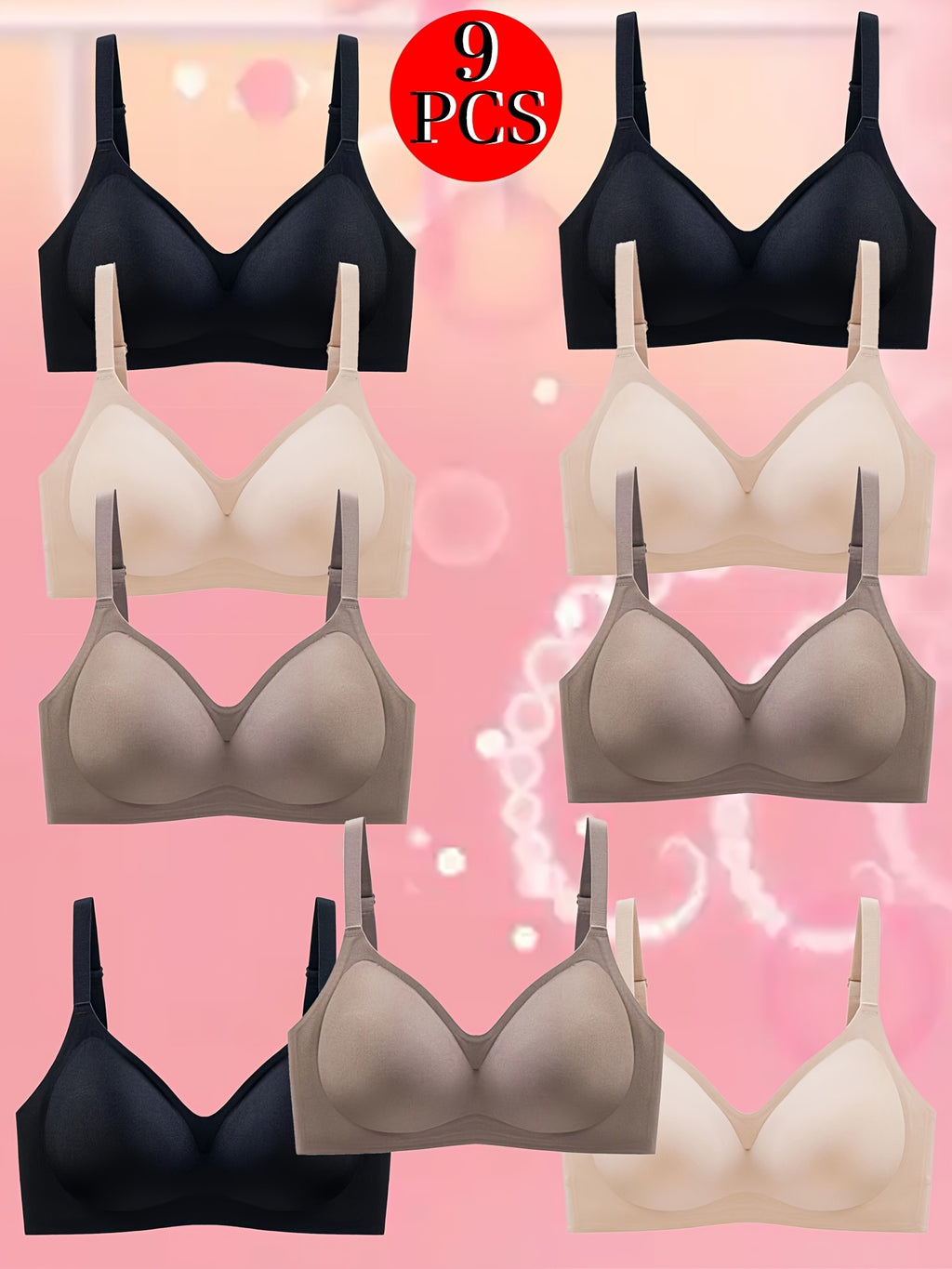 9pcs Women's Wire-Free Push-Up Bra - Sexy, Soft Lift Design with Underwire Cups, Seamless Sheer Fabric, Adjustable Straps & Fan Detail for Small Busts