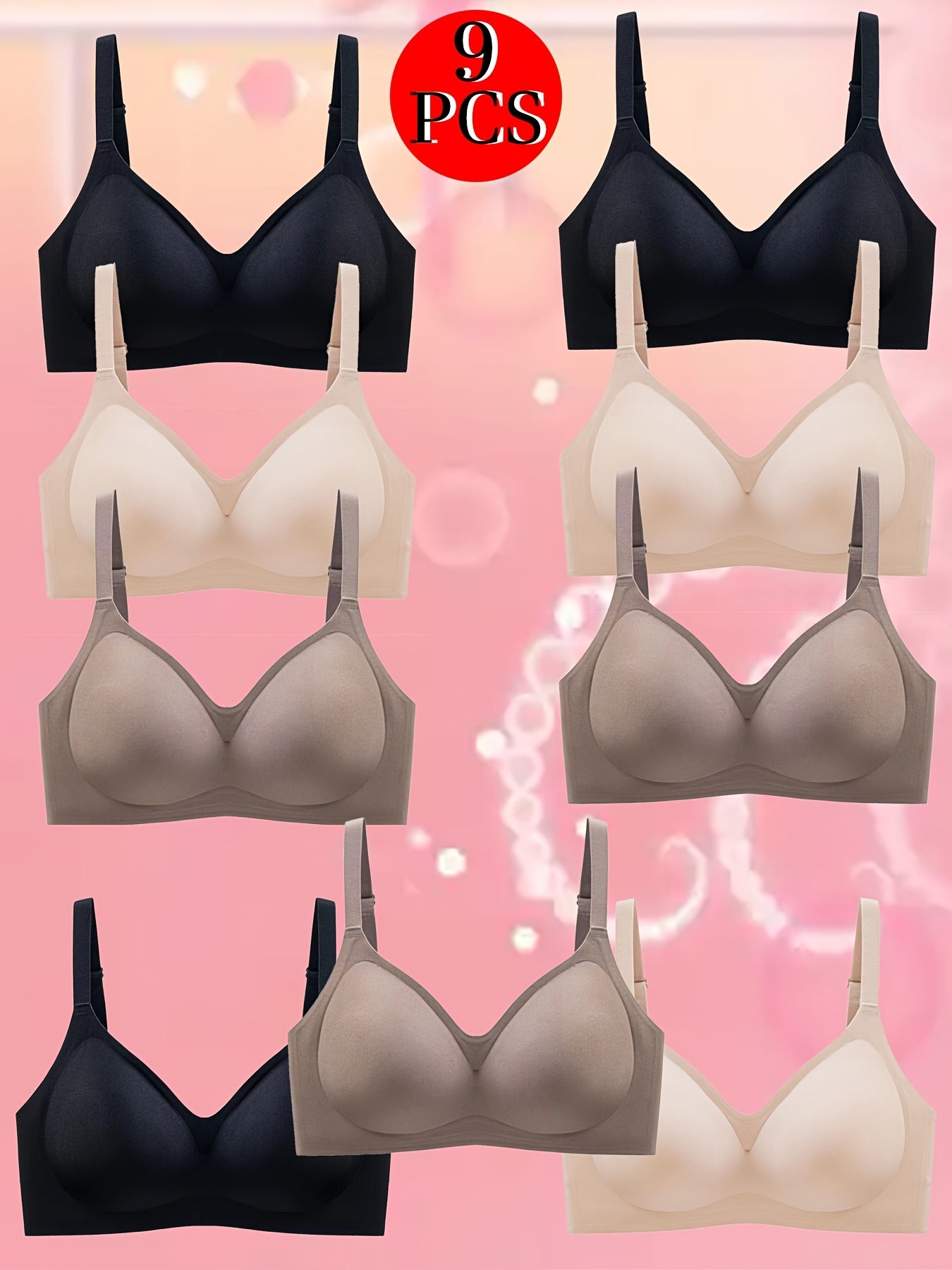 9pcs Women's Wire-Free Push-Up Bra - Sexy, Soft Lift Design with Underwire Cups, Seamless Sheer Fabric, Adjustable Straps & Fan Detail for Small Busts